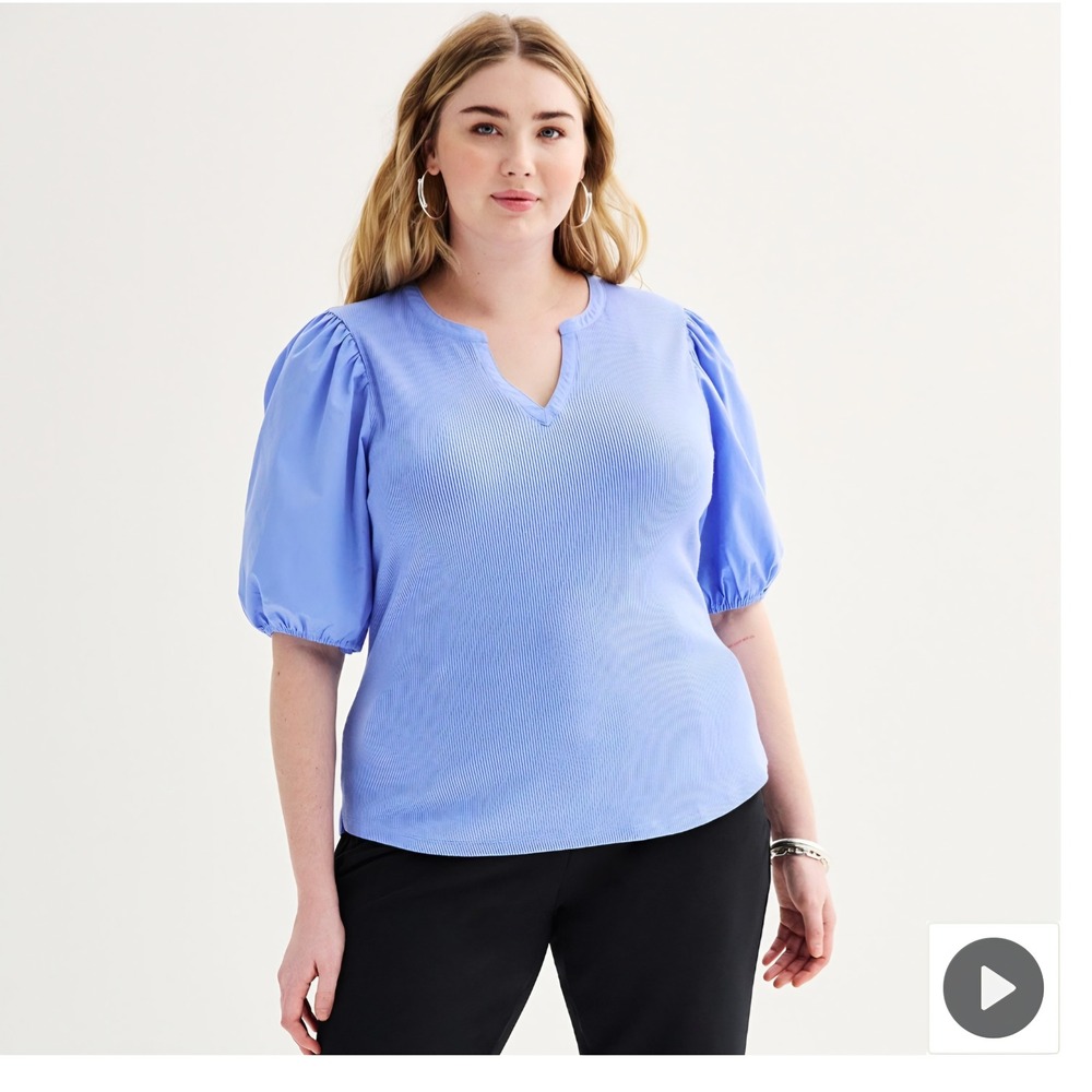 Nine West Puff Sleeve Top Womens XL Blue Ribbed Mixed Media Split Neck Romantic